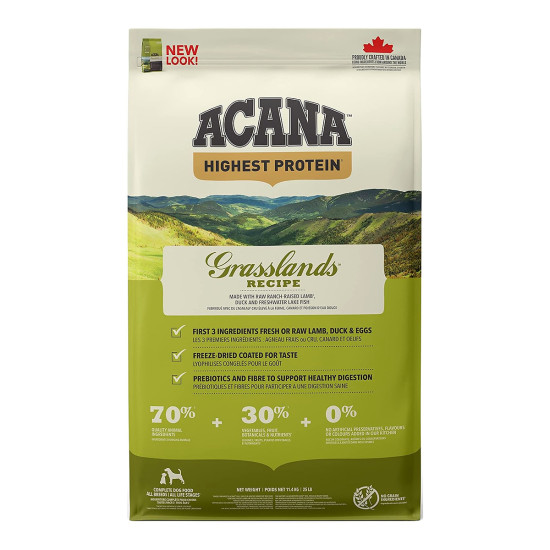 ACANA Highest Protein Grasslands – hrană uscată fără cereale pentru câini, bogată în proteine animale, 11,4 kg
